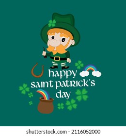 Leprechaun wearing a green hat with four-leaf clovers, beer, rainbow, lucky, illustrations for t-shirts, cards, and invitations with a quote, traditional label of Celtic holiday
