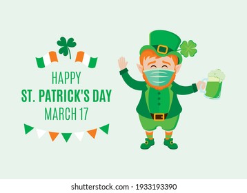 Leprechaun wearing medical mask on face to prevent Covid-19 icon vector. Leprechaun with protective surgical mask holding mug of green beer vector. Cute leprechaun with beer and disposable mask icon