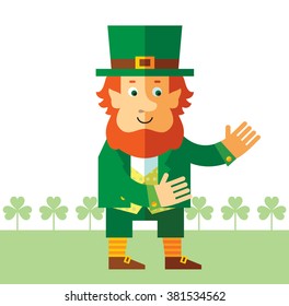 Leprechaun with welcome hands. Flat style vector illustration   Symbol Saint Patrick's Day