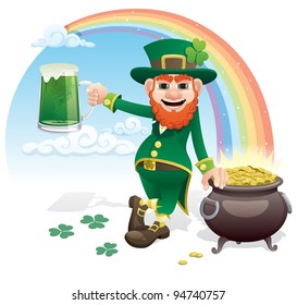 Leprechaun: Wily leprechaun with a glass of green beer and a pot of gold.  No transparency used. Basic (linear) gradients used.