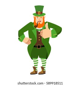 Leprechaun winks. Dwarf with red beard thumbs up. Happy St.Patrick 's Day. Irish elf emotions. Holiday in Ireland