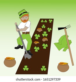 Leprechaun at work. He's burying pots of gold coins into the earth. Can be greeting card for St. Patrick's day.
