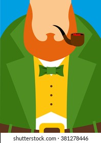 Leprechaun in yellow vest. Green old frock coat. Pipe and a large Red Beard. Illustration for the Irish holiday St. Patrick's day.
