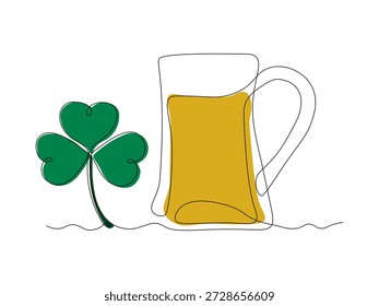 leprechaun's beer mug and clover, St. Patrick's Day,  continuous single one line art hand drawing sketch logo on white background