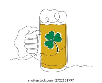 Taza de cerveza del duende, día de San Patricio, insignia continua del bosquejo del dibujo de la mano del arte de una sola línea en el fondo blanco
