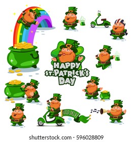 Leprechauns big set. St. Patrick's Day symbols. Vector cartoon illustration of the Irish holiday.