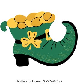 Leprechaun's boot filled with gold coins.  St. Patrick's Day. Ireland Feast day.