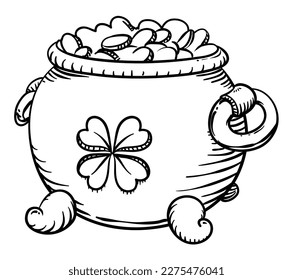 Leprechaun's cauldron with a bunch of coins decorated with a shamrock. Hand-drawn style design.