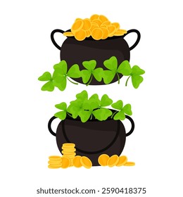Leprechaun's cauldron with gold coins and a shamrock