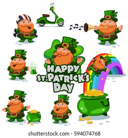 Leprechauns character set. St. Patrick's Day symbols. Vector cartoon illustration of the Irish holiday.