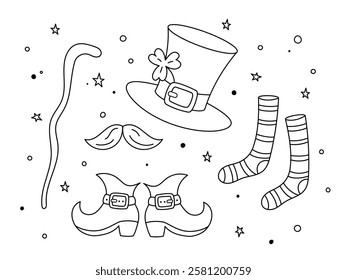 Leprechauns clothes and stuff. Hat, mustache, boots, striped socks, and walking stick, cane. Irish St Patricks Day symbols. Vector doodle illustration. Patricks Day isolated design elements, clipart