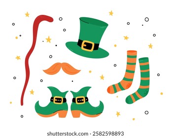 Leprechauns clothes and stuff. Hat, mustache, boots, striped socks, and walking stick, cane. Irish St Patricks Day symbols. Vector illustration. Patricks Day March isolated design elements, clipart.