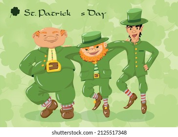 Leprechauns dancing on St. Patrick's Day Von with four-leaf clovers