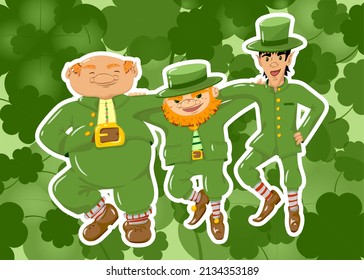 Leprechauns dancing on St. Patrick's Day background with four-leaf clovers