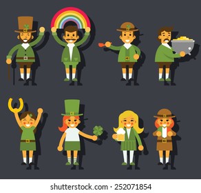 Leprechauns Ggnomes Characters set Celebration St. Patrick Icons Flat Design Icon Stylish Background Template Vector Illustration