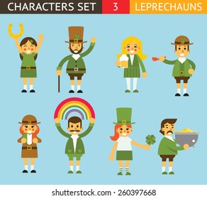Leprechauns Ggnomes Characters set Celebration St. Patrick Icons Flat Design Icon Stylish Background Template Vector Illustration