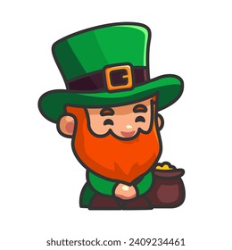 Leprechauns in green costumes with pot of gold coins and hat isolated cartoon character. Irish bearded gnome, happy holidays. St. Patrick day. High quality vector illustration.
