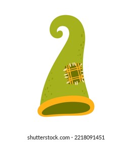 Leprechauns hat, gnome or dwarf green magic cap. Vector long cap, magic comic costume element, night pajama headwear, troll cap, party festive accessory