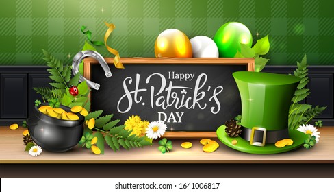 Leprechaun`s hat, pot of gold, cloverleafs and balloons in the colors of Ireland. Traditional Irish pub style background.