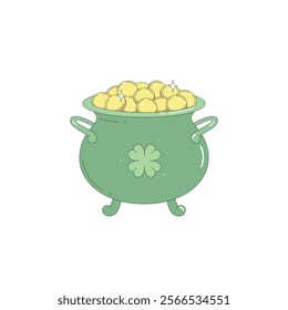 Leprechaun's Pot of Gold. Green pot with a four-leaf clover full of gold coins. The symbol of the St. Patrick's Day holiday.