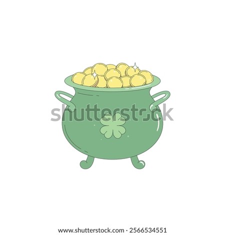 Leprechaun's Pot of Gold. Green pot with a four-leaf clover full of gold coins. The symbol of the St. Patrick's Day holiday.