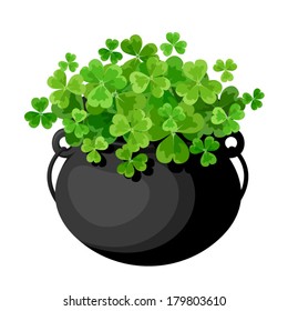 Leprechaun's pot with shamrock. Vector illustration.