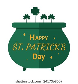 Leprechaun's pot with treasure and text HAPPY ST. PATRICK'S DAY 