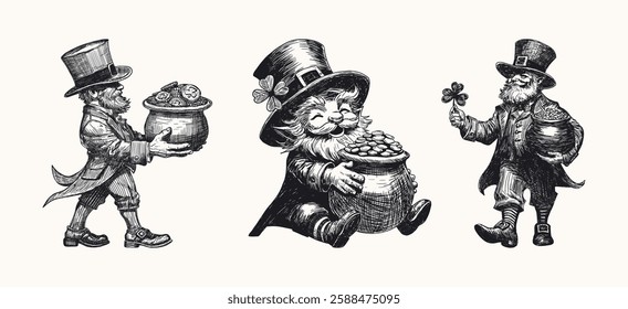 leprechauns with pots of gold set illustration hand drawn different poses sketch traditional attire top hat buckled shoes shamrock clover St. Patrick's Day Irish folklore luck fortune design