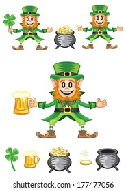 Leprechauns in Saint Patrick's day with gold, shamrocks and beer