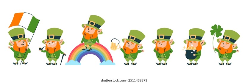 Conjunto de duendes. Iconos planos del día de San Patricio con diferentes emociones, trébol, taza de cerveza, olla de oro, bandera, arco iris y pipa. Personajes de dibujos animados aislados para el diseño de temas.