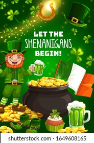 Leprechauns shenanigans, celebración del Día de los Santos Patronos. gnomo vectorial barbudo con cerveza y pipa humeante, olla de oro, bandera nacional de Irlanda. Fiesta de primavera irlandesa, shamrock y afortunada herradura