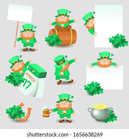 Leprechauns, a symbol of Irish St. Patrick's Day, cauldron, horseshoe, clover trefoil. Cute cartoon leprechauns with plates with empty place for text. Set of elements isolated on white background.