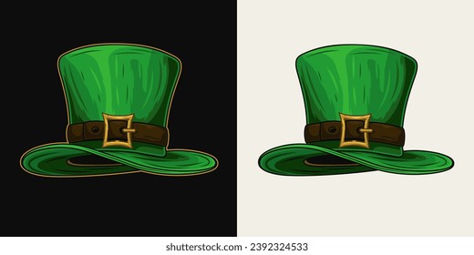 Leprechauns alto sombrero superior con cinturón y hebilla dorada. Ilustración de estilo vintage para la decoración del día de Saint Patricks