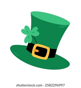 Leprechauns top hat isolated. Vector illustration. Irish Saint Patricks Day symbol. Patricks Day March 17 isolated design element. Green leprechaun hat with shamrock.