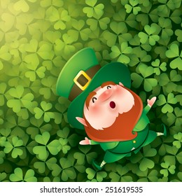 Leprechuan lying on clover leaves background.