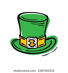 Lepricon Green Hat. Hand drawn doodle of Symbol of St. Patrick's Day. A festive celebration of Irish culture, luck, and joy. Vector illustration.