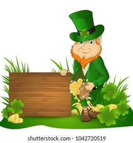 Leprikon St. patrick's day with a mug of beer near a wooden shield on a background of gold coins with leaves of clover and grass