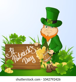 Leprikon St. patrick's day with a mug of beer near a wooden shield with handwritten text on a background of gold coins with leaves of clover and grass