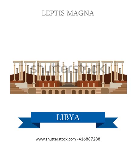 Leptis Magna in Tripoli Libya. Flat cartoon style historic sight showplace attraction web site vector illustration. World countries cities vacation travel sightseeing Africa collection.
