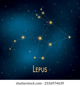 Lepus constellation: twinkling star map in dark night sky.