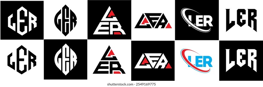 Design de logotipo de letra LER em estilo seis. Polígono LER, círculo, triângulo, hexágono, estilo simples e plano com logotipo de letra de variação de cor preto e branco definido em uma prancheta. Logotipo minimalista e clássico LER