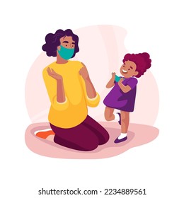 Lerning to wearing a mask isolated cartoon vector illustration. Child learn wear mask, pandemic education, children self-care, personal hygiene in kindergarten, daycare center vector cartoon.