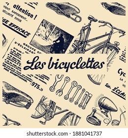 Les Bicyclettes means in french The Bicyles. Vintage newspaper collage with clipping mask on elements.