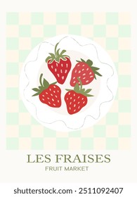 Les fraises - abstract fruit poster. Retro groovy strawberries on checkered background. Aesthetic contemporary print.