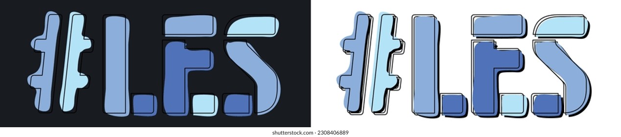 LES Hashtag. Isolate curves doodle letters. Set 2 in 1. Blue colors. Popular Hashtag #LES for Adult lesbian relationship resources, mobile apps, games. Stock vector picture.