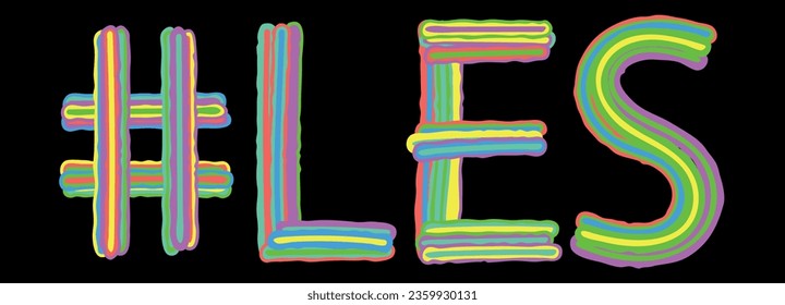 LES Hashtag. Isolate neon doodle lettering text from multi-colored curved neon lines like from a felt-tip pen, pensil. Hashtag #LES for banner, t-shirts, mobile apps, typography, Adult resources