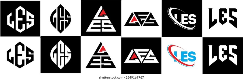 LES Buchstaben Logo Design in sechs Stil. LES Polygon, Kreis, Dreieck, Sechseck, flach und einfach Stil mit schwarz-weißem Farbvariationsbuchstaben Logo in einem Zeichenbrett gesetzt. LES minimalistisches und klassisches Logo