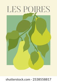 Les poires - poster design with pears branch. Vintage aesthetic 70s style groovy vector illustration.