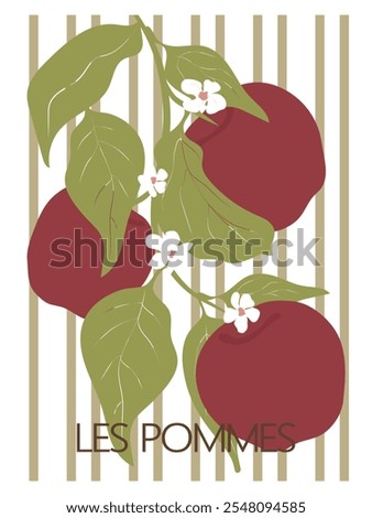 Les pommes abstract poster. Retro groovy apples on lined background. Aesthetic contemporary wall art design.