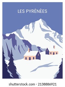 les pyrenees landscape vector illustration background. travel to france. suitable for art print, travel poster, postcard, greeting card.